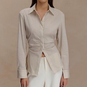 NWT Meshki Millie Tie Back Cotton Shirt Beige Pinstripe Size XXL